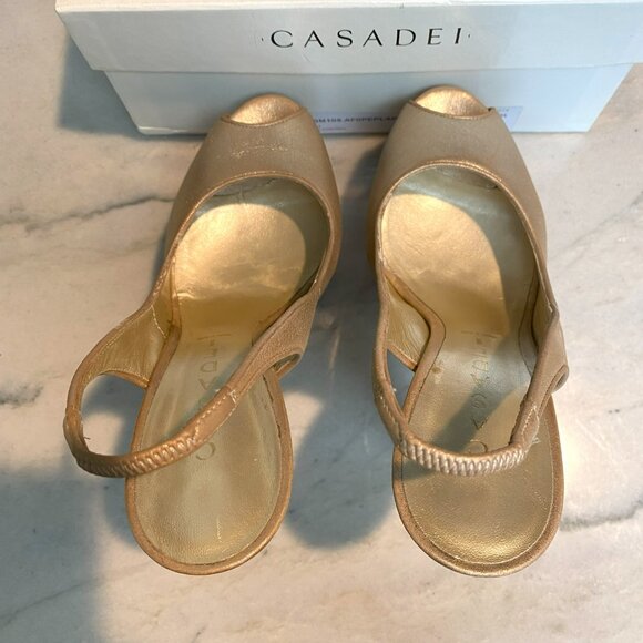 CASADEI Aluminum Caramel Peep Toe Platform Leather Heels Size 7-1/2 - Picture 6 of 9